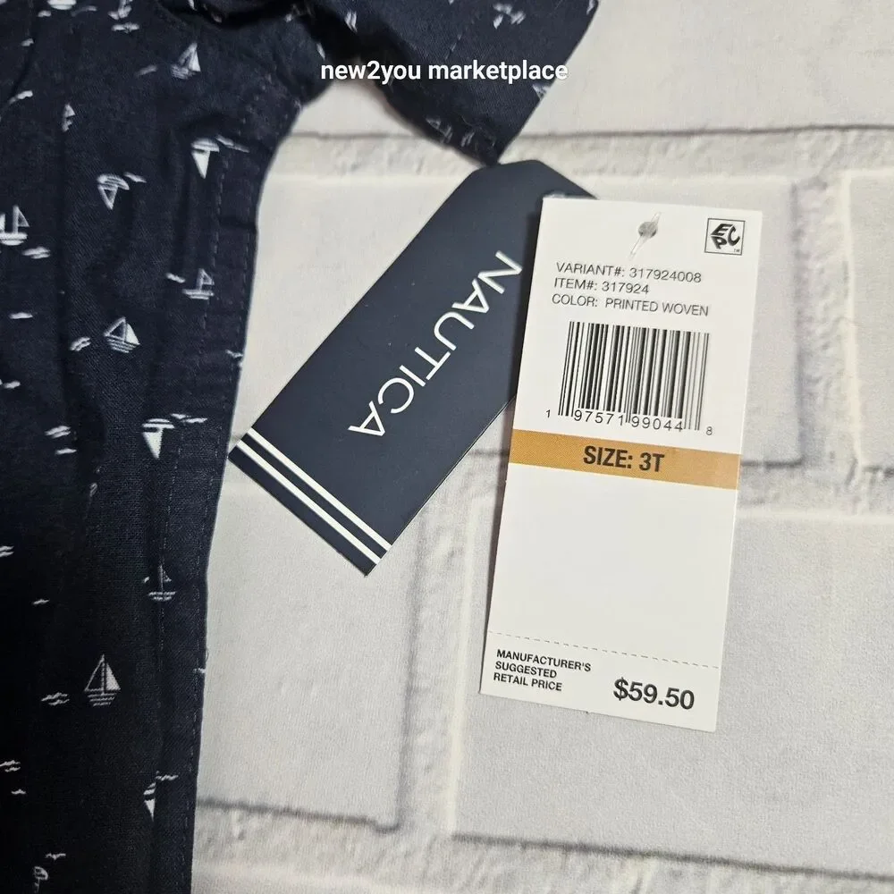 Nautica Toddler Boys SZ 3 T Short Sleeve Button Up printer wooven NWT